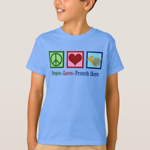 Peace Love French Horn Kids T_Shirt