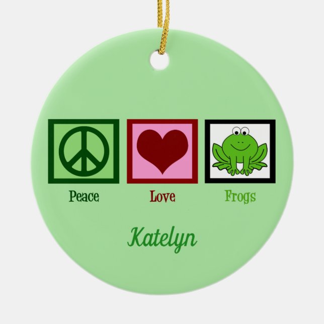 Peace Love Frogs Metal Cute Custom Frog Christmas Ceramic Ornament (Front)