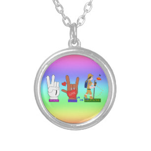 PEACE LOVE GEOCACHE GIRL SILVER PLATED NECKLACE