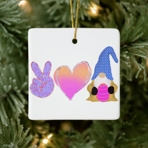 Peace Love Gnome Cute Easter Pastel Sublimation Ceramic Ornament