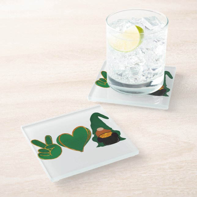 Peace Love Gnome | St Patrick's Day Sublimation Glass Coaster (Angled)
