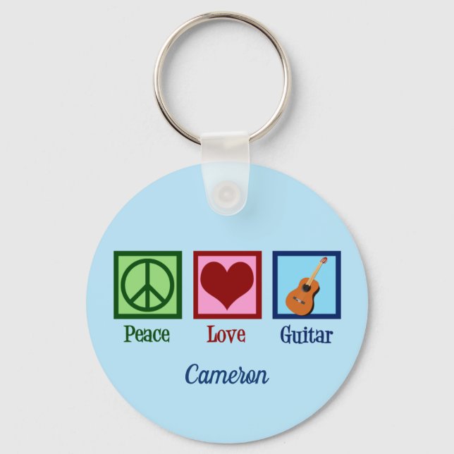 Peace Love Guitar Cute Blue Guitarist Keychain (Front)