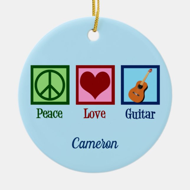 Peace Love Guitar Cute Custom Ceramic Ornament (Front)