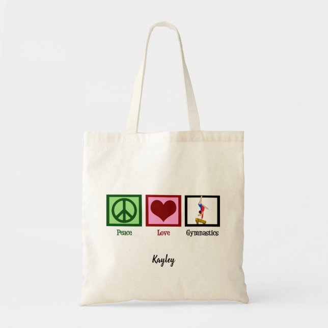 Peace Love Gymnastics Cute Personalized Gymnast Tote Bag (Front)