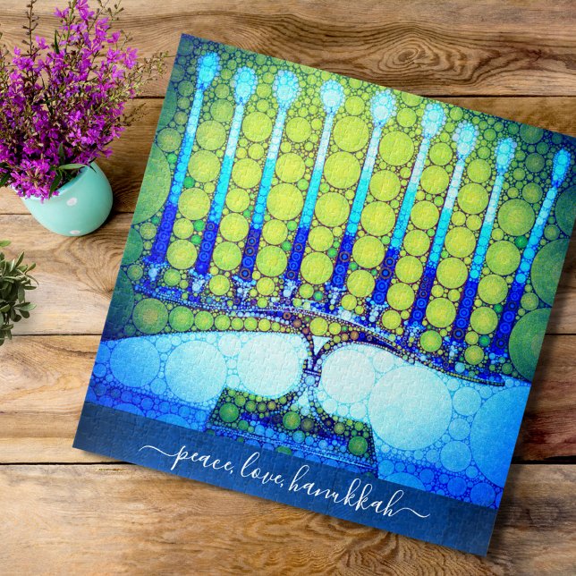 Peace Love Hanukkah Artsy Blue Green Menorah Chic Jigsaw Puzzle (Creator Uploaded)