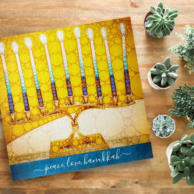 Peace Love Hanukkah Artsy Yellow Gold Menorah Chic Jigsaw Puzzle (Creator Uploaded)