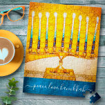 “Peace Love Hanukkah” Artsy Yellow & Gold Menorah Jigsaw Puzzle<br><div class="desc">“Peace, love, Hanukkah.” A close-up photo of a bright, colorful, yellow and gold artsy menorah helps you usher in the holiday of Hanukkah in style. Feel the warmth and joy of the holiday season whenever you use this stunning, colorful Hanukkah jigsaw puzzle. Matching cards, envelopes, stickers, pillows, tote bags, wrapping...</div>