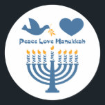 Peace Love Hanukkah Classic Round Sticker<br><div class="desc">Festival of Lights Hanukkah design that says PEACE LOVE HANUKKAH with a dove and olive branch,  heart and lit menorah. PinkInkArt original!</div>