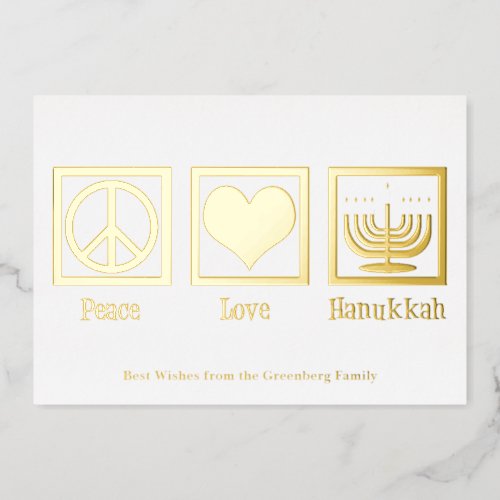 Peace Love Hanukkah Custom Elegant Gold Foil Holiday Card