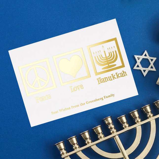 Peace Love Hanukkah Custom Elegant Gold Foil Holiday Card (Creator Uploaded)