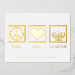 Peace Love Hanukkah Custom Elegant Gold Foil Holiday Postcard<br><div class="desc">An elegant Peace Love Hanukkah postcard for a Jewish person who likes to celebrate Chanukah. A pretty peace sign,  heart,  and a beautiful menorah above your custom text on lovely postcards.</div>