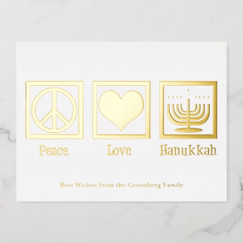 Peace Love Hanukkah Custom Elegant Gold Foil Holiday Postcard
