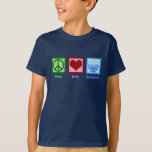 Peace Love Hanukkah Cute Blue Kids T-Shirt<br><div class="desc">Peace Love Hanukkah kids t-shirt for a Jewish child who likes to celebrate Chanukah. A pretty peace sign,  heart,  and a beautiful menorah.</div>