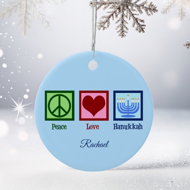 Peace Love Hanukkah Cute Blue Personalized Ceramic Ornament (Creator Uploaded)
