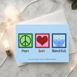 Peace Love Hanukkah Cute Custom Blue Holiday Card<br><div class="desc">Peace Love Hanukkah card for a Jewish person who likes to celebrate Chanukah. A pretty peace sign,  heart,  and a beautiful menorah on a cute blue holiday card.</div>