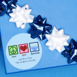 Peace Love Hanukkah Cute Custom Gift Classic Round Sticker<br><div class="desc">Custom Peace Love Hanukkah stickers for a Chanukah gift or party favor. A pretty peace sign,  heart,  and a beautiful menorah on a cute blue Jewish holiday sticker.</div>