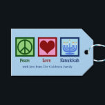 Peace Love Hanukkah Cute Custom Party Gift Tags<br><div class="desc">Custom Peace Love Hanukkah party favor tags for a Chanukah gift. A pretty peace sign,  heart,  and a beautiful menorah on a cute blue Jewish holiday gift tag.</div>