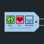 Peace Love Hanukkah Cute Custom Party Gift Tags<br><div class="desc">Custom Peace Love Hanukkah party favor tags for a Chanukah gift. A pretty peace sign,  heart,  and a beautiful menorah on a cute blue Jewish holiday gift tag.</div>