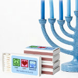 Peace Love Hanukkah Cute Custom Party Matchboxes<br><div class="desc">Peace Love Hanukkah matchbooks for a Chanukah party. A pretty peace sign,  heart,  and a beautiful menorah on a cute blue holiday matchbox favor.</div>