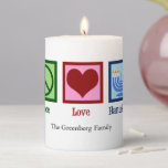 Peace Love Hanukkah Cute Custom Pillar Candle<br><div class="desc">Peace Love Hanukkah customizable candle with a peace sign,  heart,  and menorah for a Jewish family celebrating Chanukah.</div>