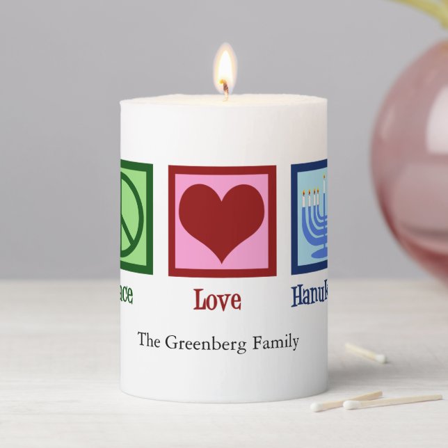 Peace Love Hanukkah Cute Custom Pillar Candle (In Situ)