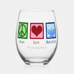 Peace Love Hanukkah Cute Custom Stemless Wine Glass<br><div class="desc">Peace Love Hanukkah customizable wine glass with a peace sign,  heart,  and menorah for a Jewish family celebrating Chanukah.</div>
