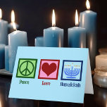 Peace Love Hanukkah Holiday Card<br><div class="desc">Peace Love Hanukkah cards for a Jewish family who likes to celebrate Chanukah. A pretty peace sign,  heart,  and a beautiful menorah on a blue card to send to friends and family.</div>
