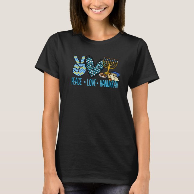 Peace Love Hanukkah Leopard Hanukkah Menorah Jewis T-Shirt (Front)