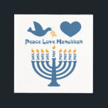 Peace Love Hanukkah Paper Napkins<br><div class="desc">Festival of Lights Hanukkah design that says PEACE LOVE HANUKKAH with a dove and olive branch,  heart and lit menorah. PinkInkArt original!</div>