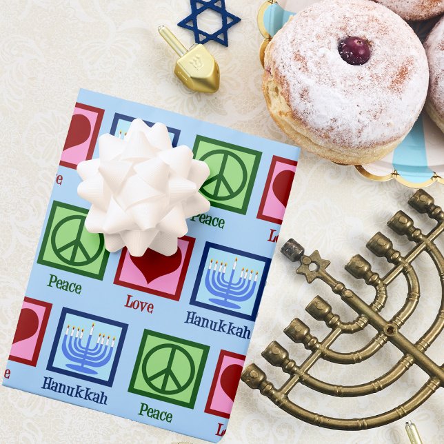 Peace Love Hanukkah Pattern Light Blue Chanukah Wrapping Paper Sheets (Creator Uploaded)