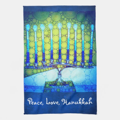 Peace Love Hanukkah Script Blue Green Menorah Kitchen Towel