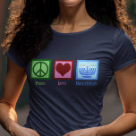 Peace Love Hanukkah Women's T-Shirt<br><div class="desc">Cool Peace Love Hanukkah tee for a Jewish person who likes to celebrate Chanukah. A pretty peace sign,  cute heart,  and a beautiful menorah.</div>