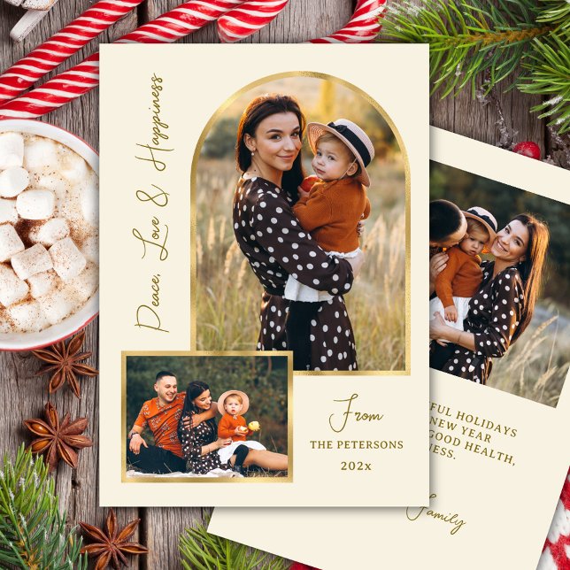 Peace Love Hapiness Script Gold Arch 3 Photo  Holiday Card (Creator Uploaded)