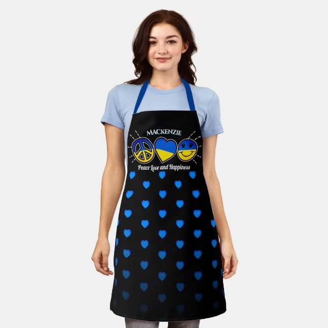 Peace Love Happiness Blue Heart on BLACK with Name Apron (Worn)