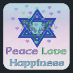 Peace Love Happiness Square Sticker<br><div class="desc">Hearts,  Star of David,  and the words "Peace Love Happiness" are a lovely way to say Happy Hanukkah.</div>