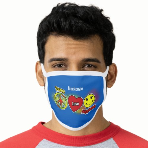 Peace Love Happiness Symbols with Name on BLUE Face Mask