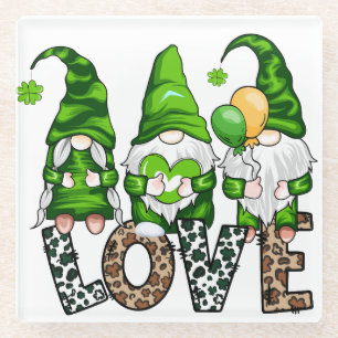 PEACE LOVE HAPPY ST PATRICKS DAY CUTE GNOMES GLASS COASTER