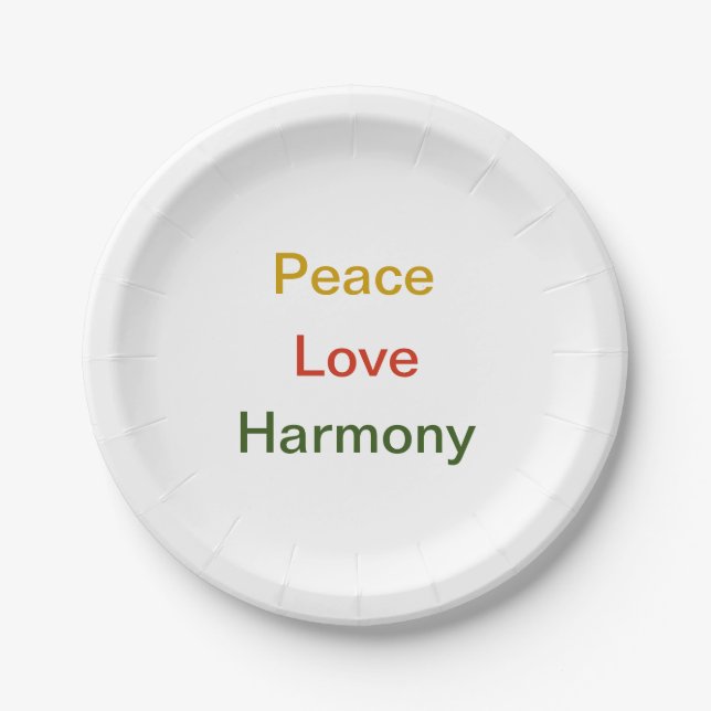 Peace love harmony gold tone red green paper plates (Front)