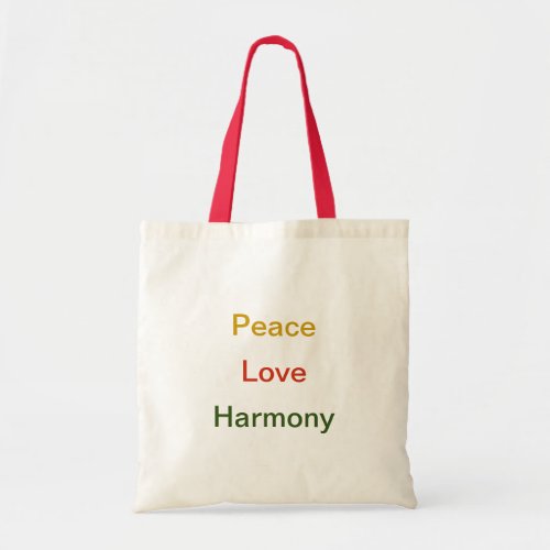 Peace love harmony gold tone red green Tote Bag