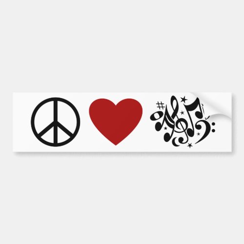 Peace Love Harmony Red Heart Black Musical Notes Bumper Sticker
