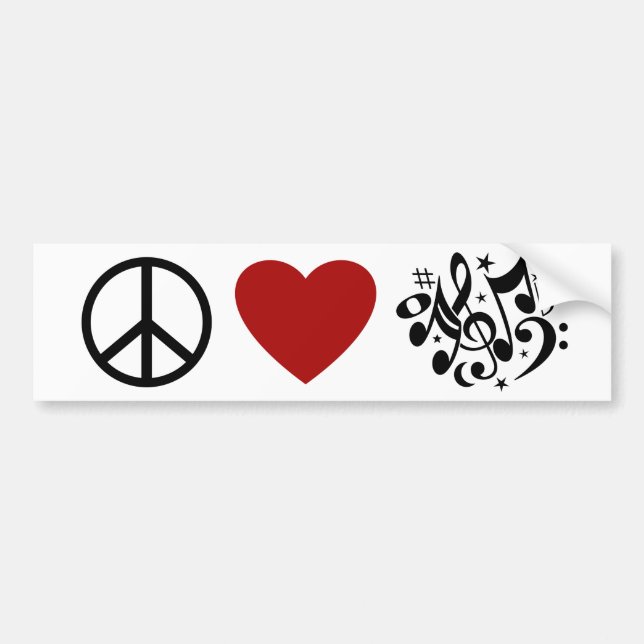 Peace Love Harmony Red Heart Black Musical Notes Bumper Sticker (Front)