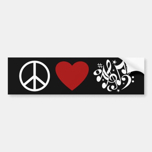 Peace Love Harmony Red Heart White Musical Notes Bumper Sticker