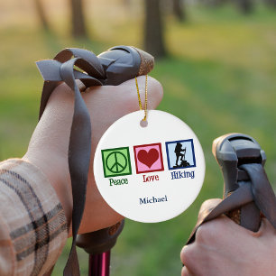 Peace Love Hiking Cute Custom Hiker Christmas Ceramic Ornament
