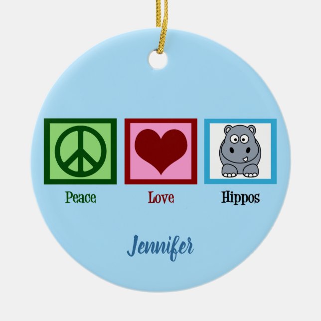 Peace Love Hippos Christmas Ceramic Ornament (Front)