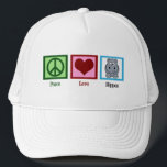 Peace Love Hippos Cute Hippo Trucker Hat<br><div class="desc">A peace sign, heart, and a cute hippo on a fun hat for a hippos mascot team. I love adorable, chubby animals. Peace Love Hippos cap.</div>