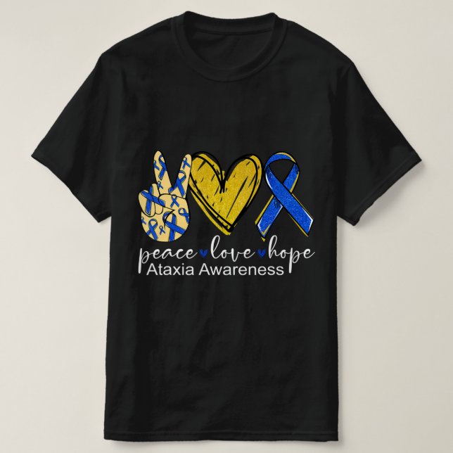 Peace Love Hope Ataxia Awareness Shirt Blue Ribbon (Design Front)