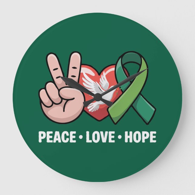  Peace Love Hope - Green Ribbon Awareness & Suppor Large Clock (Front)