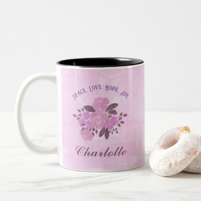 Peace Love Hope Joy Add Your Name Pink Roses Two-Tone Coffee Mug (With Donut)