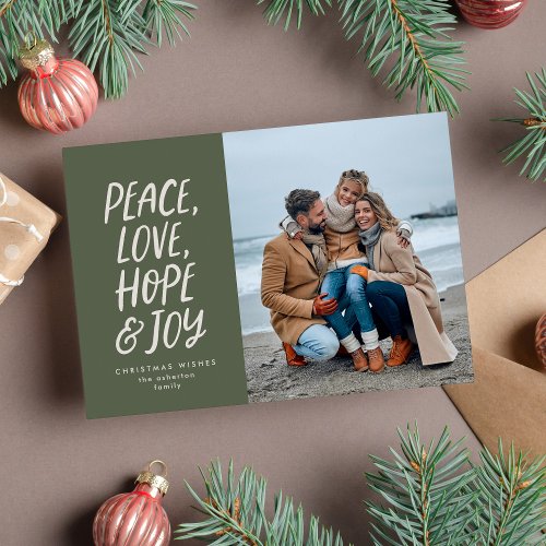 Peace love hope joy green Christmas photo Holiday Card