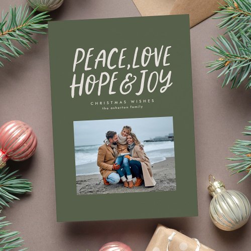 Peace love hope joy green Christmas photo Holiday Card